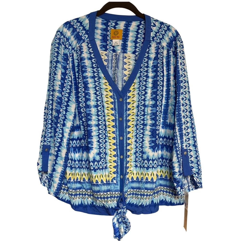 Ruby Rd Pacific Muse Blue Yellow‎ Tie Front Button Up Blouse Top Womens XL Boho